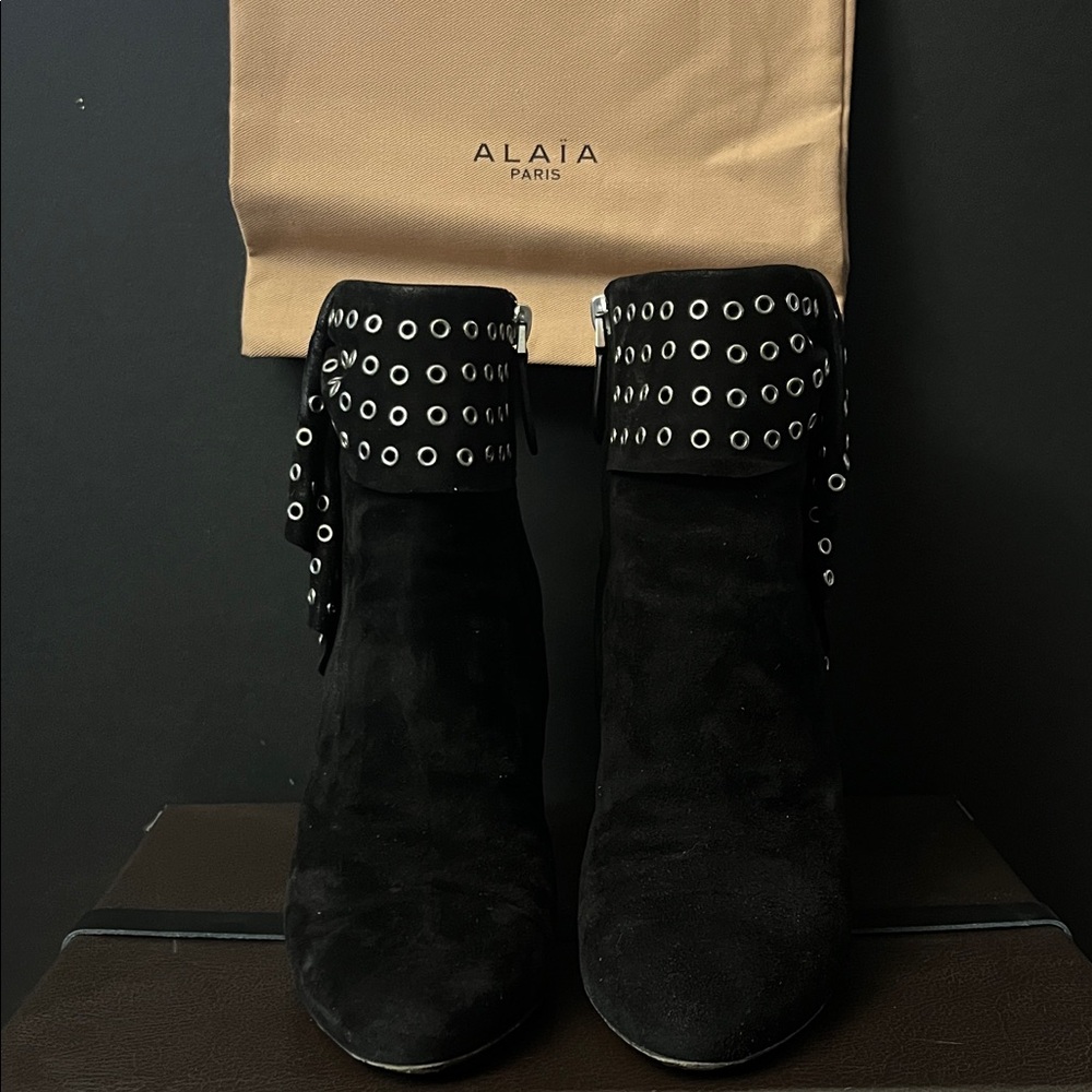 Alaïa Black Suede Grommet Embellished Ruffled Ankle Boots | Size 37 - Picture 5 of 7